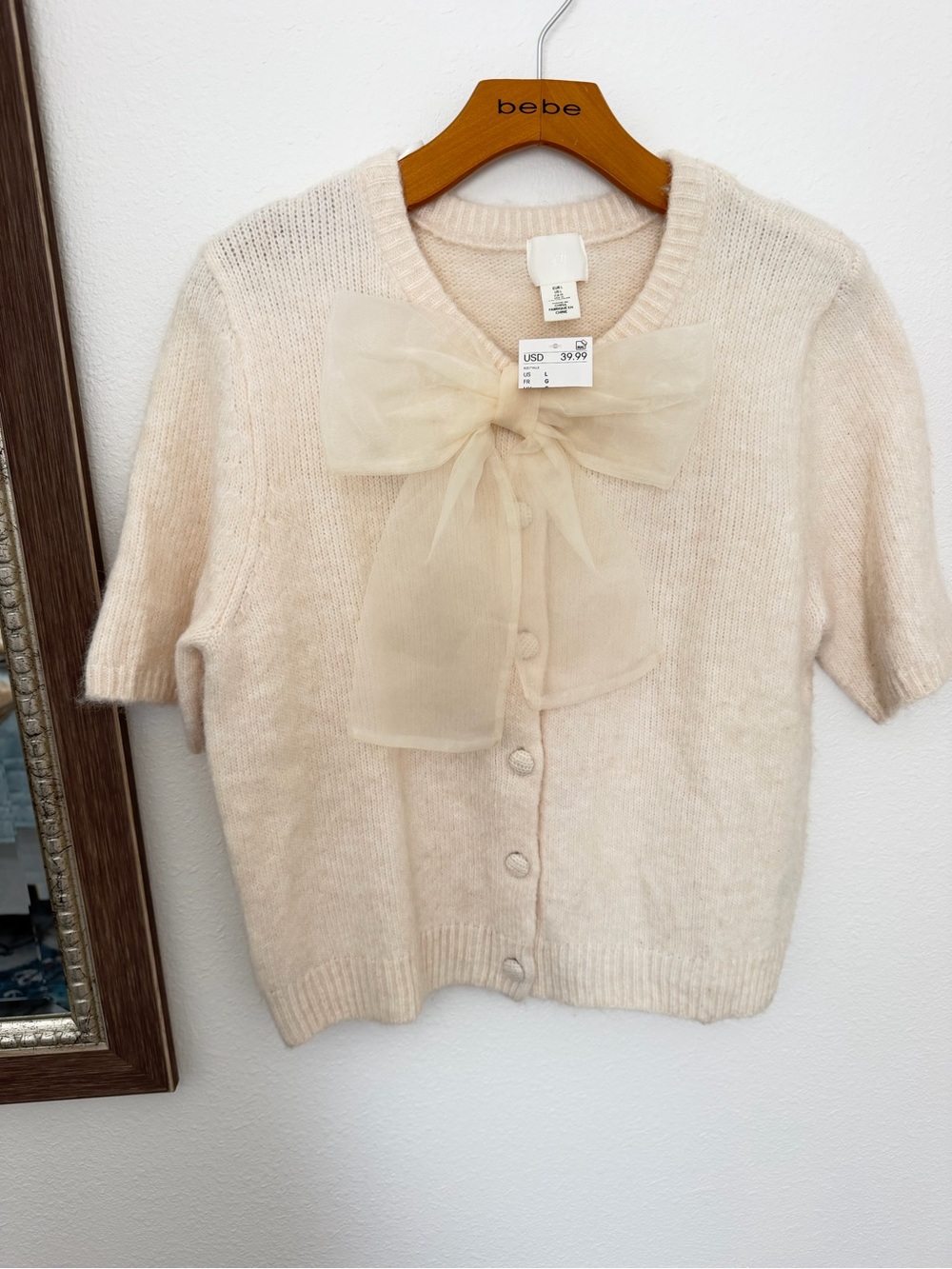 H&M Pinkish/Cream Short Sleeve Bow-Front Cardigan size Large